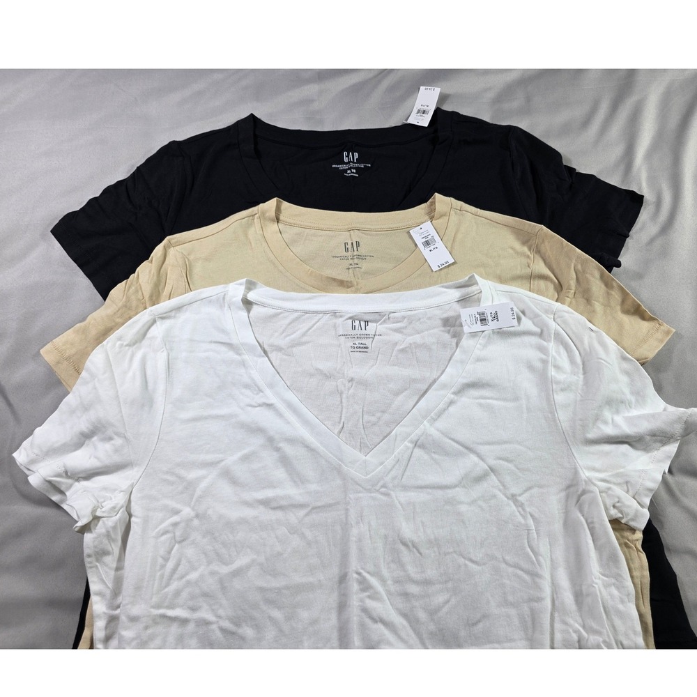 Gap T-Shirt Bundle Women XL Black White Beige Organic Cotton V-Neck Crew 3pk